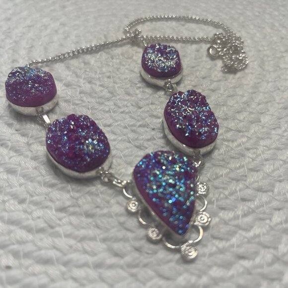 Gorgeous PURPLE/PINK TITANIUM DRUZY Handmade Sterling 925 Necklace #127D - Picture 2 of 3
